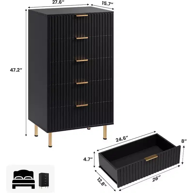 Acekool 5 Drawer Dresser, 48 Tall Modern Fluted Chest with Deep Wide Storage for Bedroom, Living Room, Hallway, Kids Room