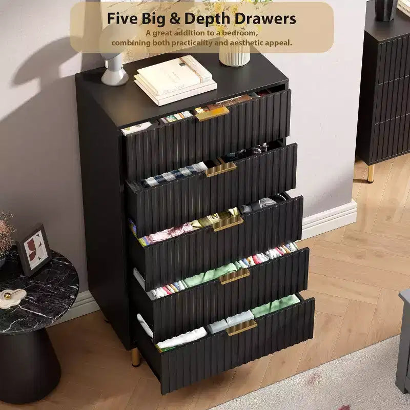 Acekool 5 Drawer Dresser, 48 Tall Modern Fluted Chest with Deep Wide Storage for Bedroom, Living Room, Hallway, Kids Room