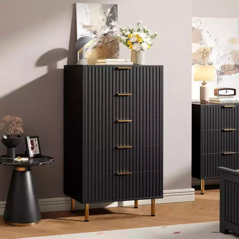 Acekool 5 Drawer Dresser, 48 Tall Modern Fluted Chest with Deep Wide Storage for Bedroom, Living Room, Hallway, Kids Room