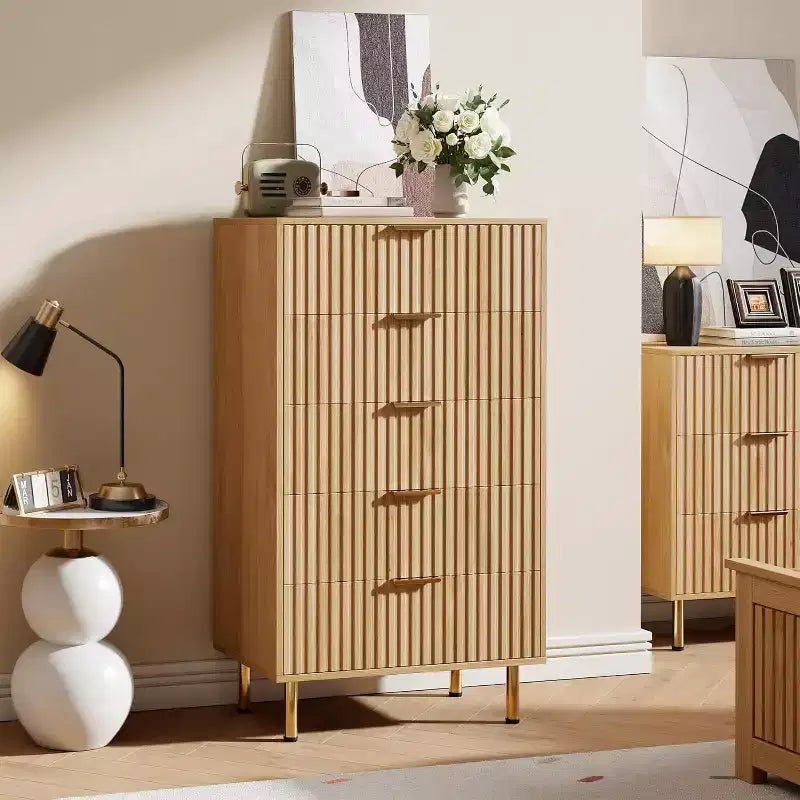 Acekool 5 Drawer Dresser, 48 Tall Modern Fluted Chest with Deep Wide Storage for Bedroom, Living Room, Hallway, Kids Room