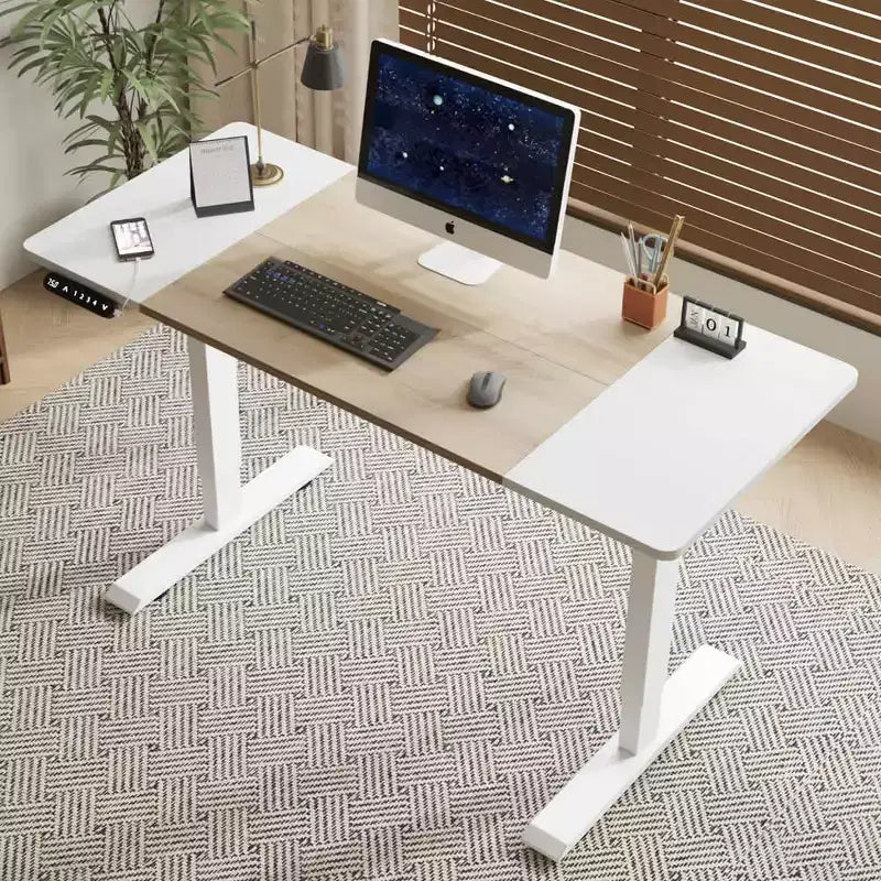 MAYEERTY Double Beam Single Motor 55 Electric Standing Desk Height Adjustable Desk for Home and Office Desk Frame with Sliced Board Natural and White