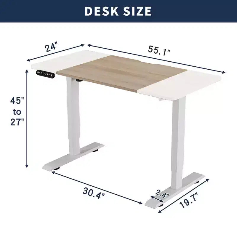 MAYEERTY Double Beam Single Motor 55 Electric Standing Desk Height Adjustable Desk for Home and Office Desk Frame with Sliced Board Natural and White