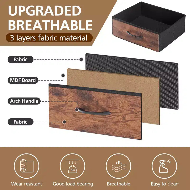 TUYOHW LED Light Strip Nightstand with 3/4/5 Fabric Drawers,Bedside Table with Charging Station & Open Shelf Storage,End Table for Bedroom,Entryway