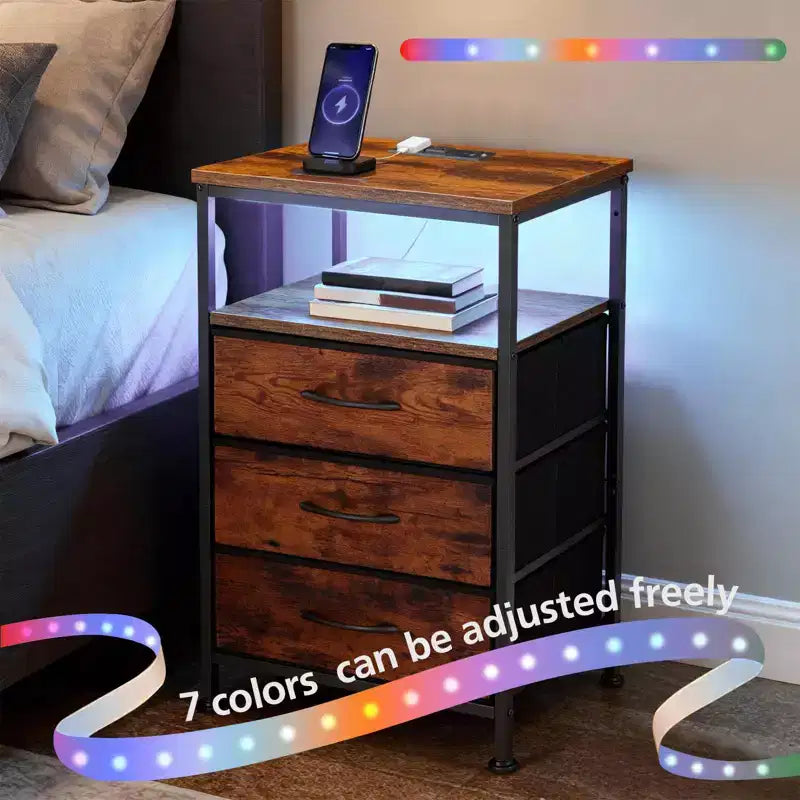 TUYOHW LED Light Strip Nightstand with 3/4/5 Fabric Drawers,Bedside Table with Charging Station & Open Shelf Storage,End Table for Bedroom,Entryway