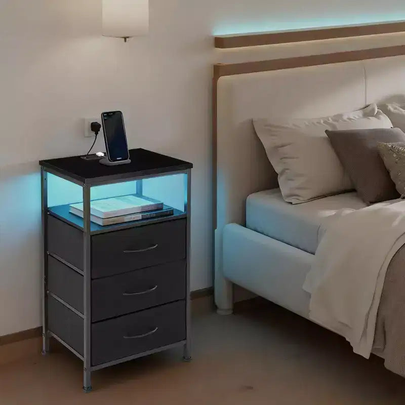 TUYOHW LED Light Strip Nightstand with 3/4/5 Fabric Drawers,Bedside Table with Charging Station & Open Shelf Storage,End Table for Bedroom,Entryway