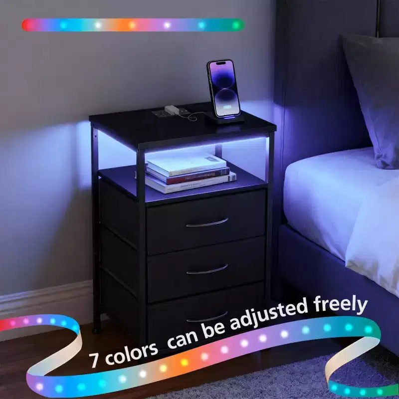 TUYOHW LED Light Strip Nightstand with 3/4/5 Fabric Drawers,Bedside Table with Charging Station & Open Shelf Storage,End Table for Bedroom,Entryway