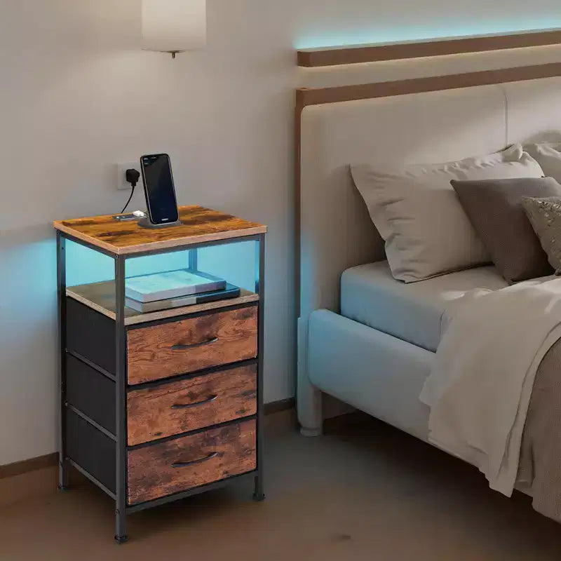 TUYOHW LED Light Strip Nightstand with 3/4/5 Fabric Drawers,Bedside Table with Charging Station & Open Shelf Storage,End Table for Bedroom,Entryway