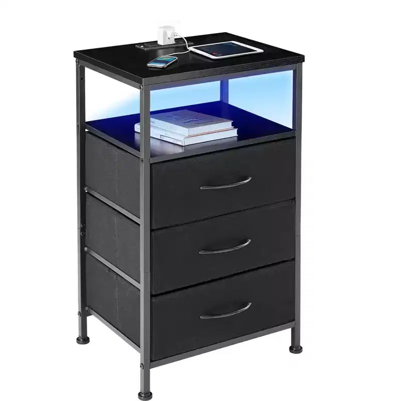TUYOHW LED Light Strip Nightstand with 3/4/5 Fabric Drawers,Bedside Table with Charging Station & Open Shelf Storage,End Table for Bedroom,Entryway