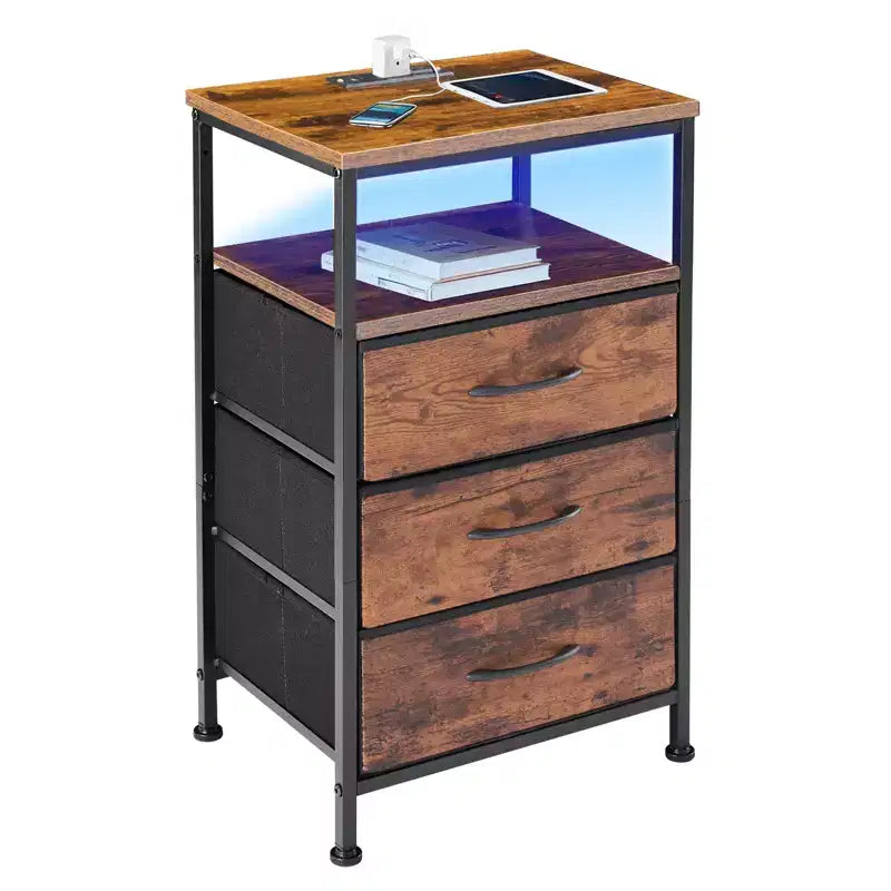 TUYOHW LED Light Strip Nightstand with 3/4/5 Fabric Drawers,Bedside Table with Charging Station & Open Shelf Storage,End Table for Bedroom,Entryway