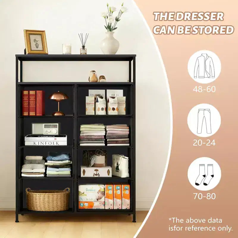 TUYOHW 8-Drawer Tall Dresser with Open Shelf,Fabric Chest Organizer with Metal Frame,Wood Top,Vertical Storage Tower for Bedroom,Closet,Entryway