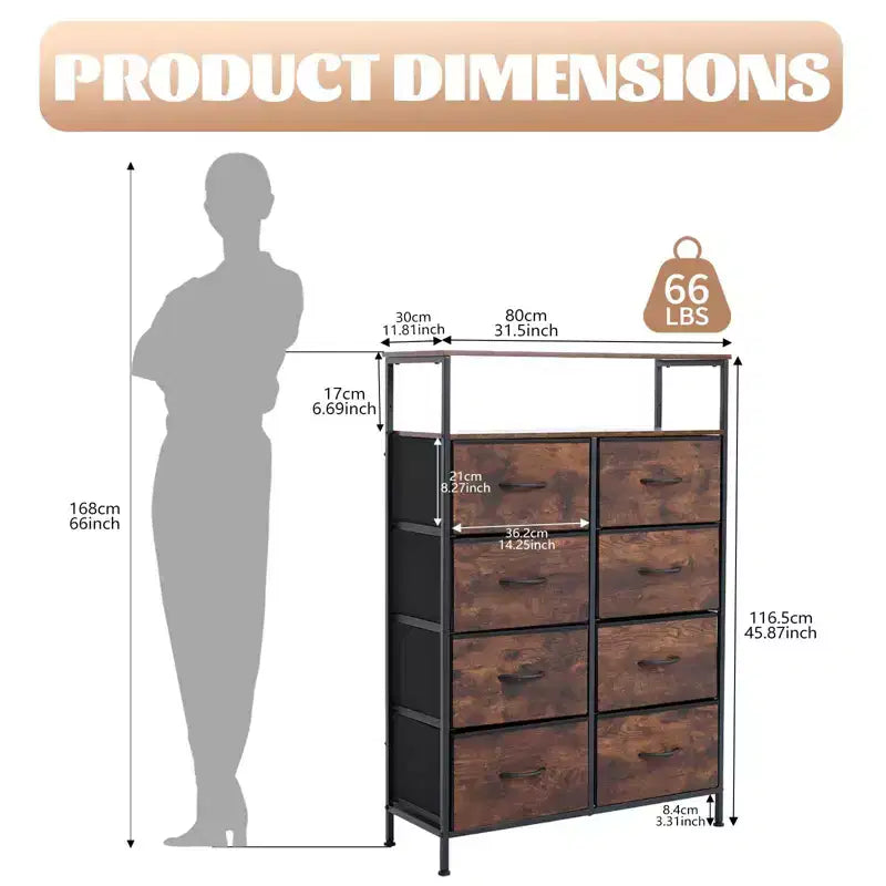 TUYOHW 8-Drawer Tall Dresser with Open Shelf,Fabric Chest Organizer with Metal Frame,Wood Top,Vertical Storage Tower for Bedroom,Closet,Entryway