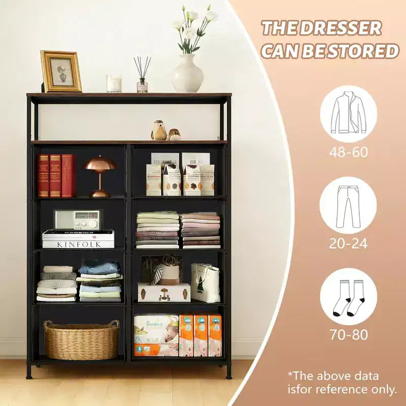 TUYOHW 8-Drawer Tall Dresser with Open Shelf,Fabric Chest Organizer with Metal Frame,Wood Top,Vertical Storage Tower for Bedroom,Closet,Entryway