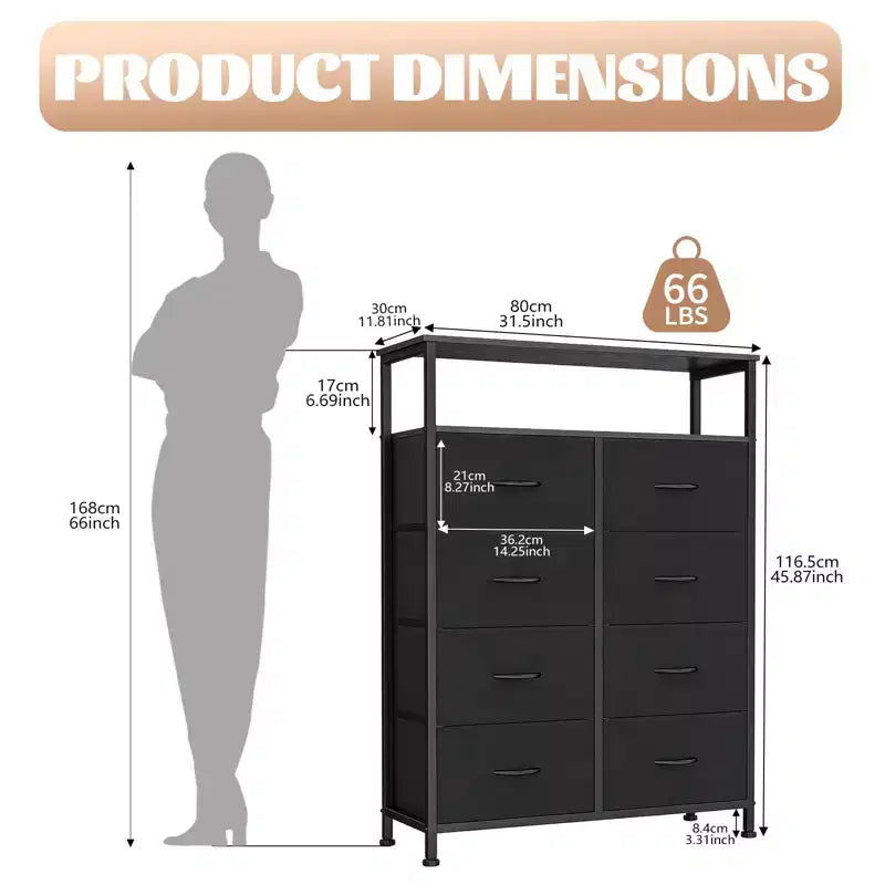 TUYOHW 8-Drawer Tall Dresser with Open Shelf,Fabric Chest Organizer with Metal Frame,Wood Top,Vertical Storage Tower for Bedroom,Closet,Entryway