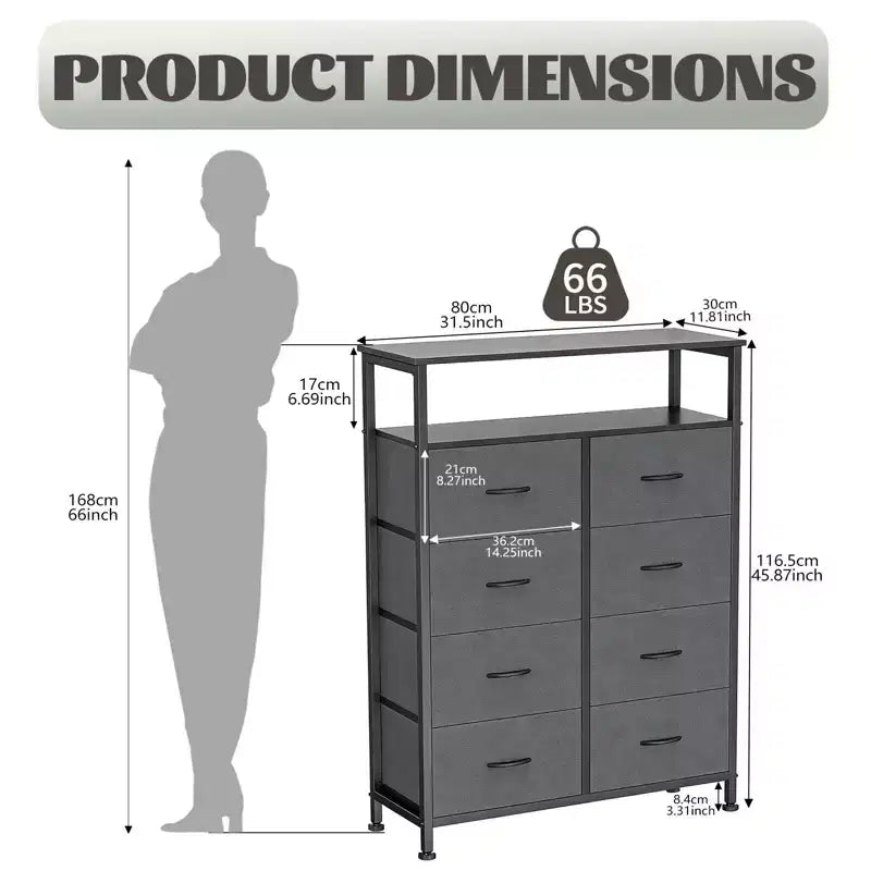 TUYOHW 8-Drawer Tall Dresser with Open Shelf,Fabric Chest Organizer with Metal Frame,Wood Top,Vertical Storage Tower for Bedroom,Closet,Entryway