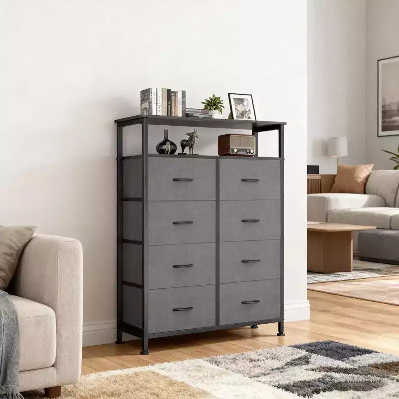 TUYOHW 8-Drawer Tall Dresser with Open Shelf,Fabric Chest Organizer with Metal Frame,Wood Top,Vertical Storage Tower for Bedroom,Closet,Entryway