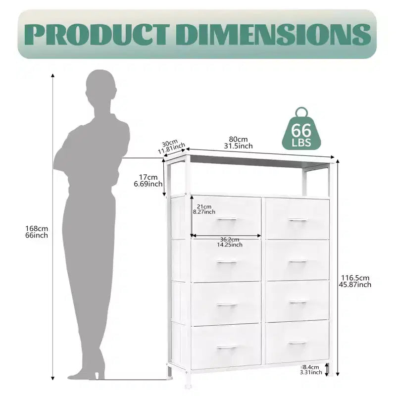 TUYOHW 8-Drawer Tall Dresser with Open Shelf,Fabric Chest Organizer with Metal Frame,Wood Top,Vertical Storage Tower for Bedroom,Closet,Entryway