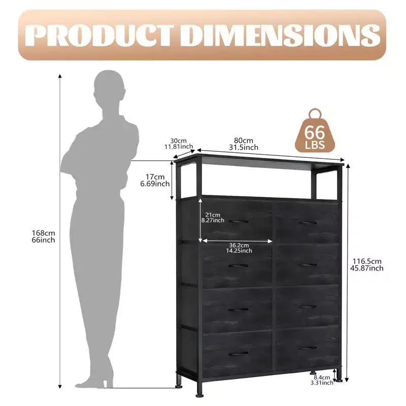 TUYOHW 8-Drawer Tall Dresser with Open Shelf,Fabric Chest Organizer with Metal Frame,Wood Top,Vertical Storage Tower for Bedroom,Closet,Entryway