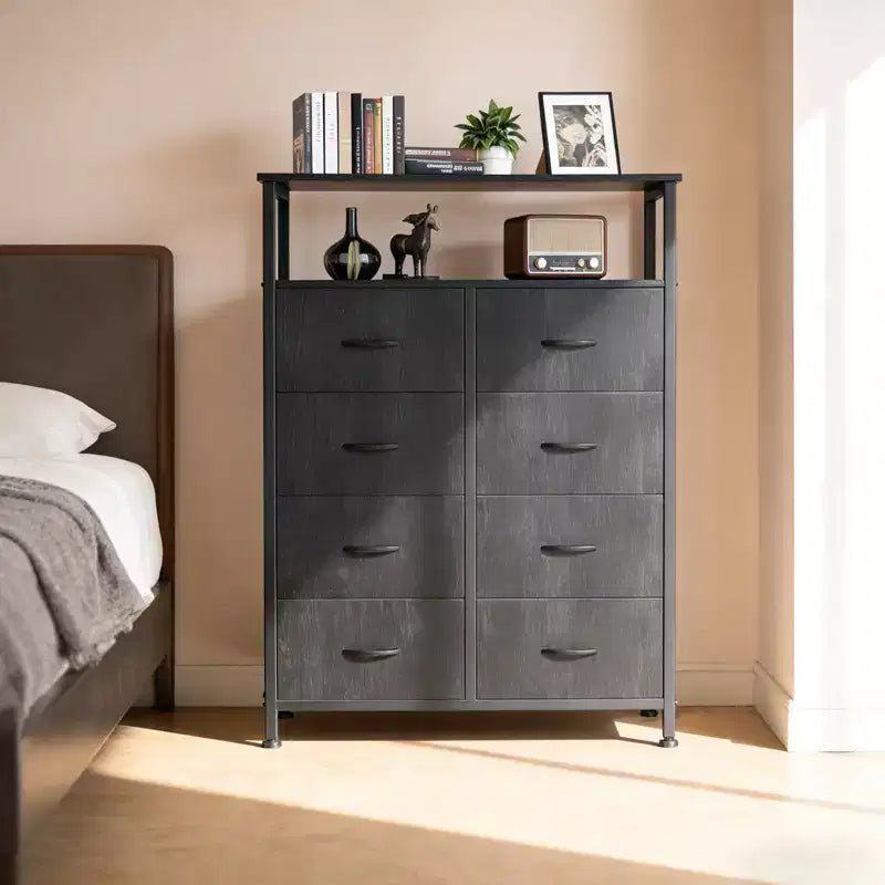 TUYOHW 8-Drawer Tall Dresser with Open Shelf,Fabric Chest Organizer with Metal Frame,Wood Top,Vertical Storage Tower for Bedroom,Closet,Entryway