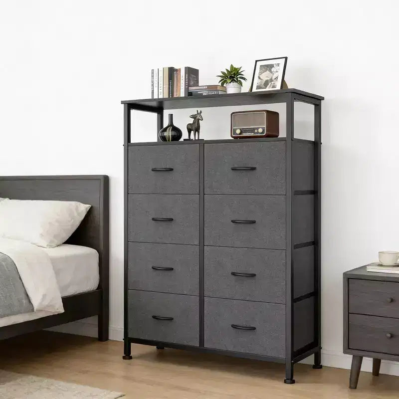 TUYOHW 8-Drawer Tall Dresser with Open Shelf,Fabric Chest Organizer with Metal Frame,Wood Top,Vertical Storage Tower for Bedroom,Closet,Entryway