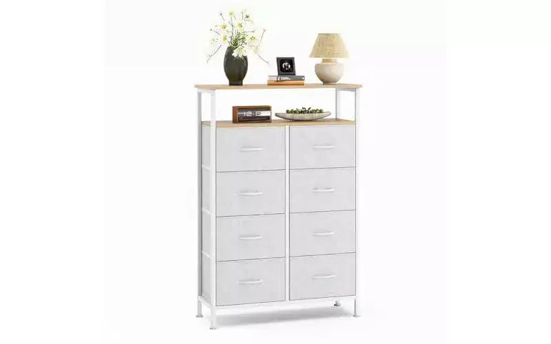 TUYOHW 8-Drawer Tall Dresser with Open Shelf,Fabric Chest Organizer with Metal Frame,Wood Top,Vertical Storage Tower for Bedroom,Closet,Entryway