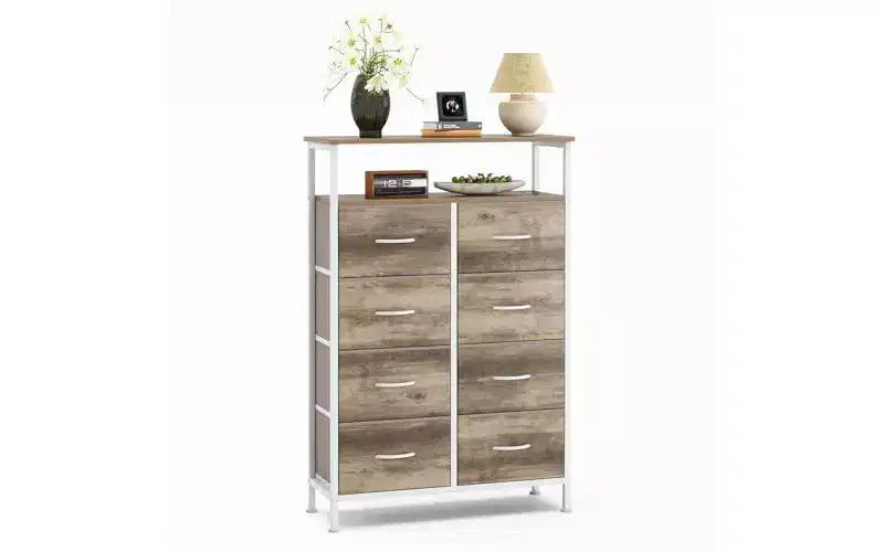 TUYOHW 8-Drawer Tall Dresser with Open Shelf,Fabric Chest Organizer with Metal Frame,Wood Top,Vertical Storage Tower for Bedroom,Closet,Entryway