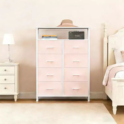 TUYOHW 8-Drawer Tall Dresser with Open Shelf,Fabric Chest Organizer with Metal Frame,Wood Top,Vertical Storage Tower for Bedroom,Closet,Entryway