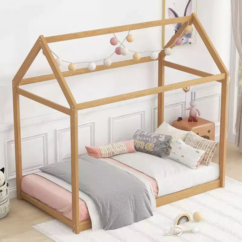 TUYOHW House Floor Bed Solid Pine Wood Frame,Twin Size Kids Montessori Bed with Slats Support,400lbs Capacity,No Box Spring Required