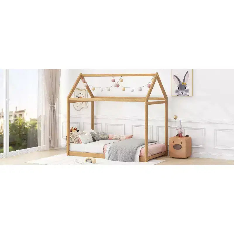 TUYOHW House Floor Bed Solid Pine Wood Frame,Twin Size Kids Montessori Bed with Slats Support,400lbs Capacity,No Box Spring Required