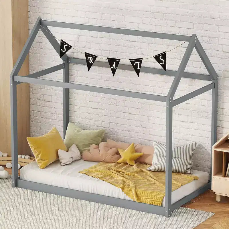 TUYOHW House Floor Bed Solid Pine Wood Frame,Twin Size Kids Montessori Bed with Slats Support,400lbs Capacity,No Box Spring Required
