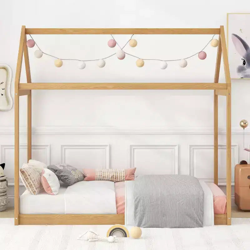 TUYOHW House Floor Bed Solid Pine Wood Frame,Twin Size Kids Montessori Bed with Slats Support,400lbs Capacity,No Box Spring Required