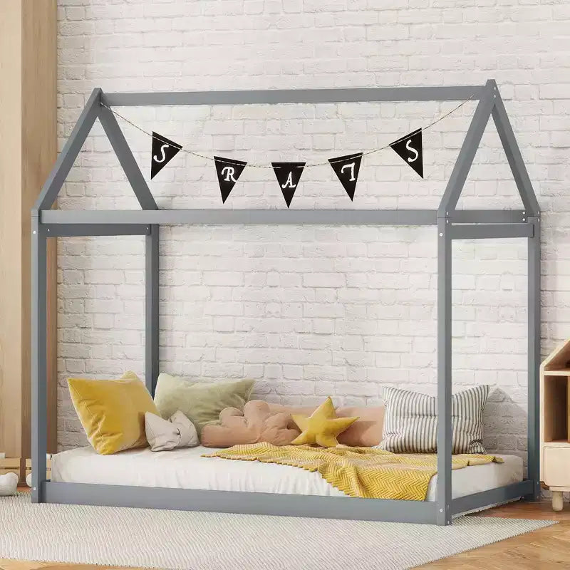 TUYOHW House Floor Bed Solid Pine Wood Frame,Twin Size Kids Montessori Bed with Slats Support,400lbs Capacity,No Box Spring Required