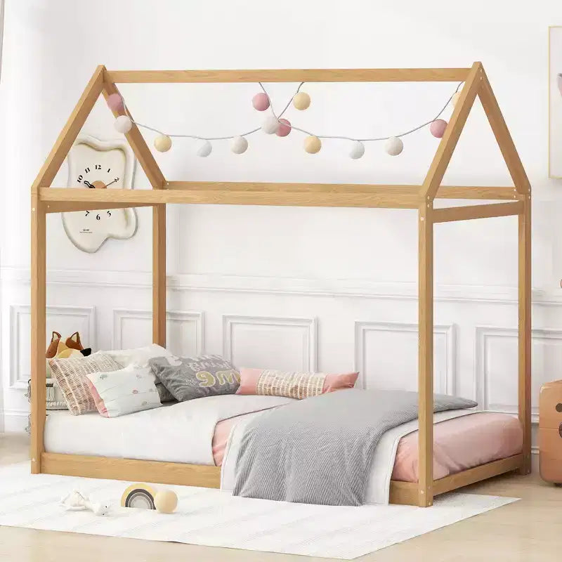 TUYOHW House Floor Bed Solid Pine Wood Frame,Twin Size Kids Montessori Bed with Slats Support,400lbs Capacity,No Box Spring Required