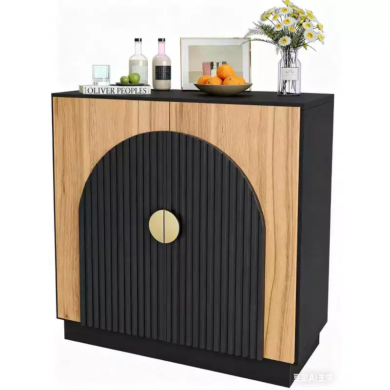 Buffet Sideboard Cabinet with Fluted Design & Arched Doors, Wood Console Table with Storage, for Dining Room Hallway Living Room, Black