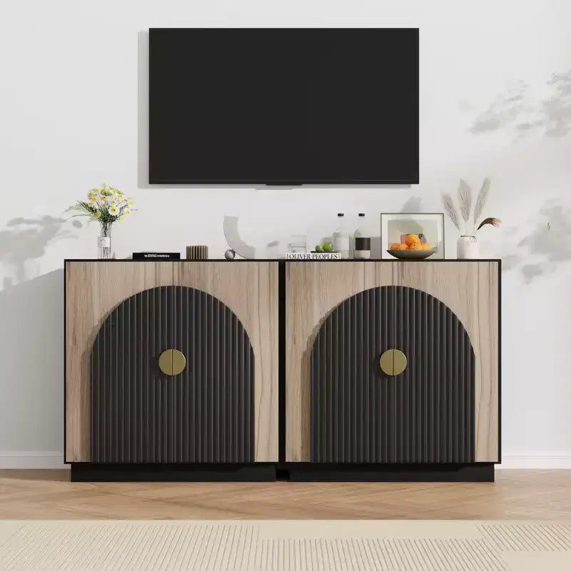 Buffet Sideboard Cabinet with Fluted Design & Arched Doors, Wood Console Table with Storage, for Dining Room Hallway Living Room, Black