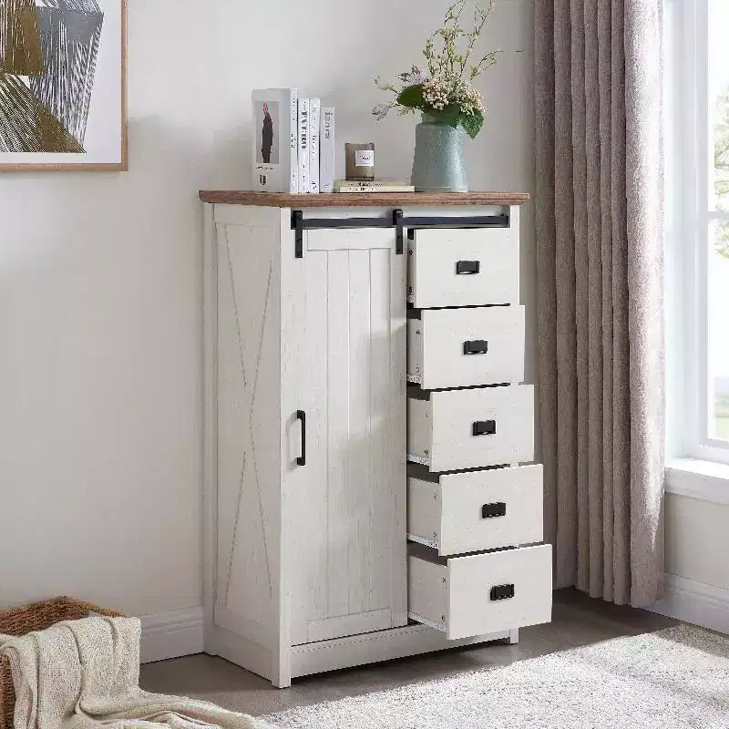 5 Drawers Dresser For Bedroom, Farmhouse Modern Tall Dresser With Sliding Barn Door, Storage Organizer Dresser For Living Room,Bedroom