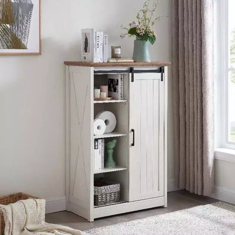 5 Drawers Dresser For Bedroom, Farmhouse Modern Tall Dresser With Sliding Barn Door, Storage Organizer Dresser For Living Room,Bedroom