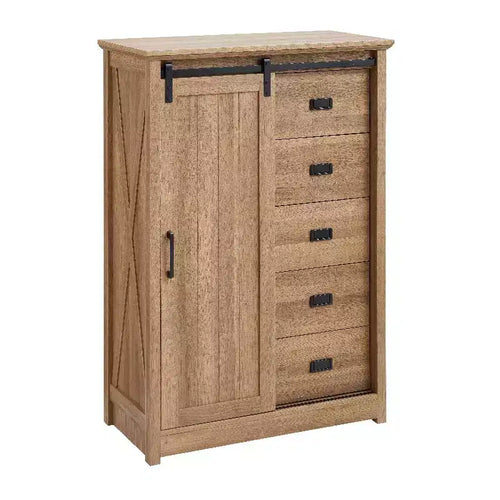 5 Drawers Dresser For Bedroom, Farmhouse Modern Tall Dresser With Sliding Barn Door, Storage Organizer Dresser For Living Room,Bedroom