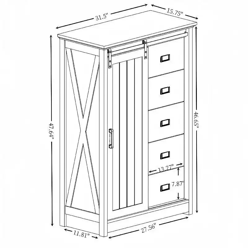 5 Drawers Dresser For Bedroom, Farmhouse Modern Tall Dresser With Sliding Barn Door, Storage Organizer Dresser For Living Room,Bedroom