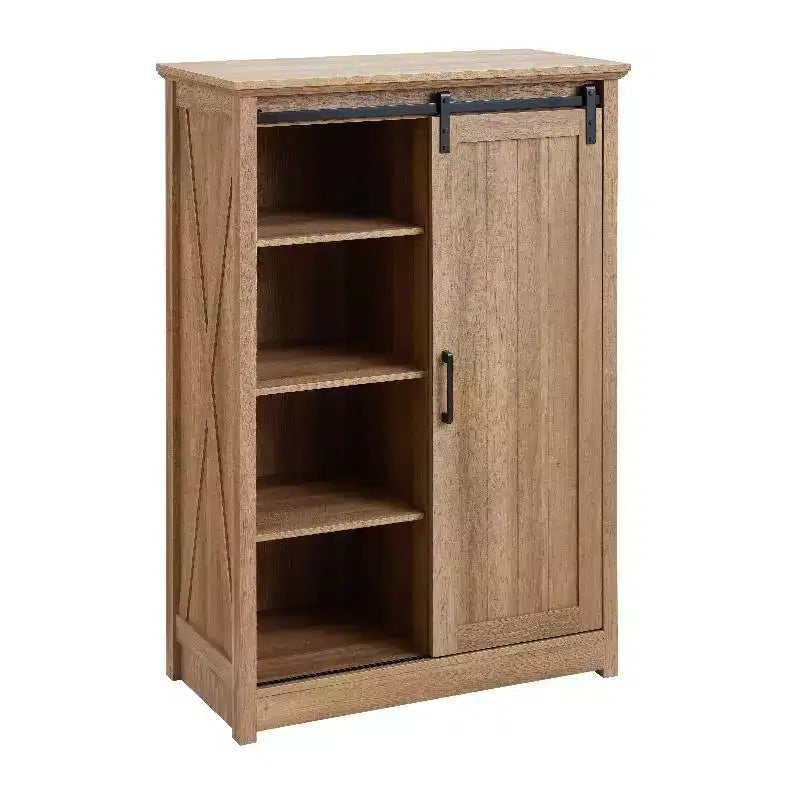 5 Drawers Dresser For Bedroom, Farmhouse Modern Tall Dresser With Sliding Barn Door, Storage Organizer Dresser For Living Room,Bedroom