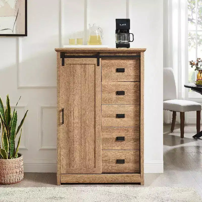 5 Drawers Dresser For Bedroom, Farmhouse Modern Tall Dresser With Sliding Barn Door, Storage Organizer Dresser For Living Room,Bedroom