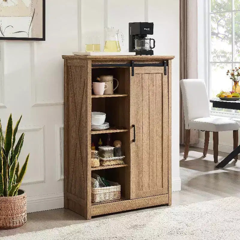 5 Drawers Dresser For Bedroom, Farmhouse Modern Tall Dresser With Sliding Barn Door, Storage Organizer Dresser For Living Room,Bedroom