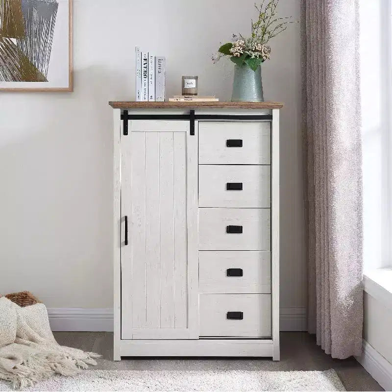 5 Drawers Dresser For Bedroom, Farmhouse Modern Tall Dresser With Sliding Barn Door, Storage Organizer Dresser For Living Room,Bedroom