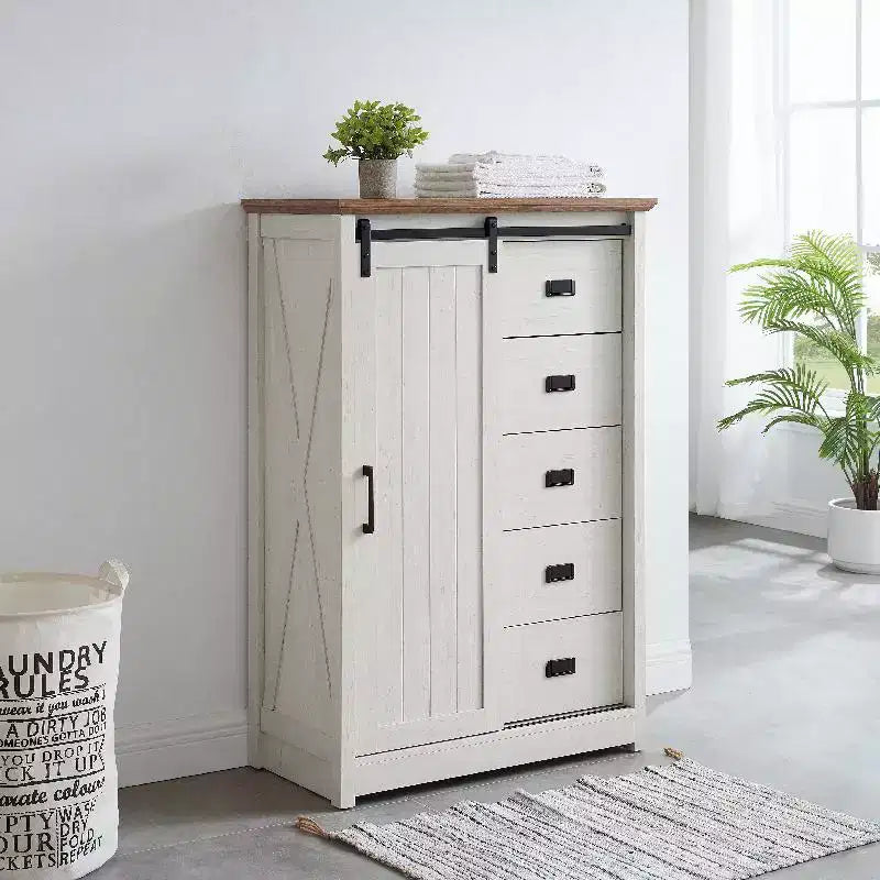 5 Drawers Dresser For Bedroom, Farmhouse Modern Tall Dresser With Sliding Barn Door, Storage Organizer Dresser For Living Room,Bedroom
