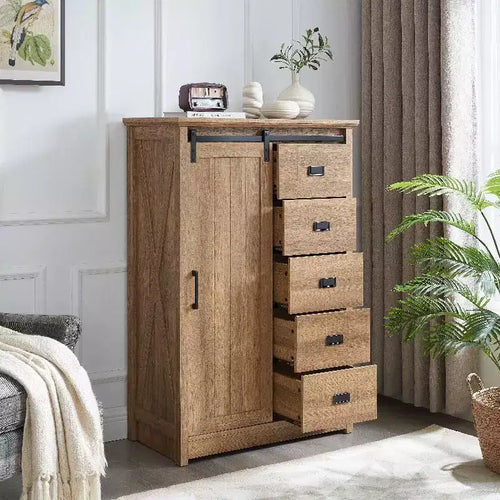 5 Drawers Dresser For Bedroom, Farmhouse Modern Tall Dresser With Sliding Barn Door, Storage Organizer Dresser For Living Room,Bedroom