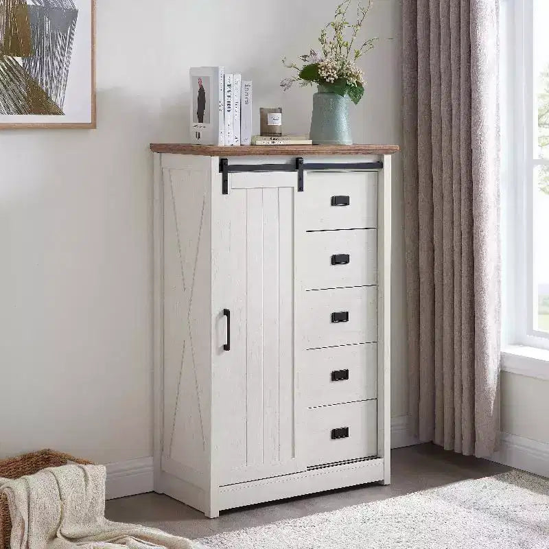 5 Drawers Dresser For Bedroom, Farmhouse Modern Tall Dresser With Sliding Barn Door, Storage Organizer Dresser For Living Room,Bedroom