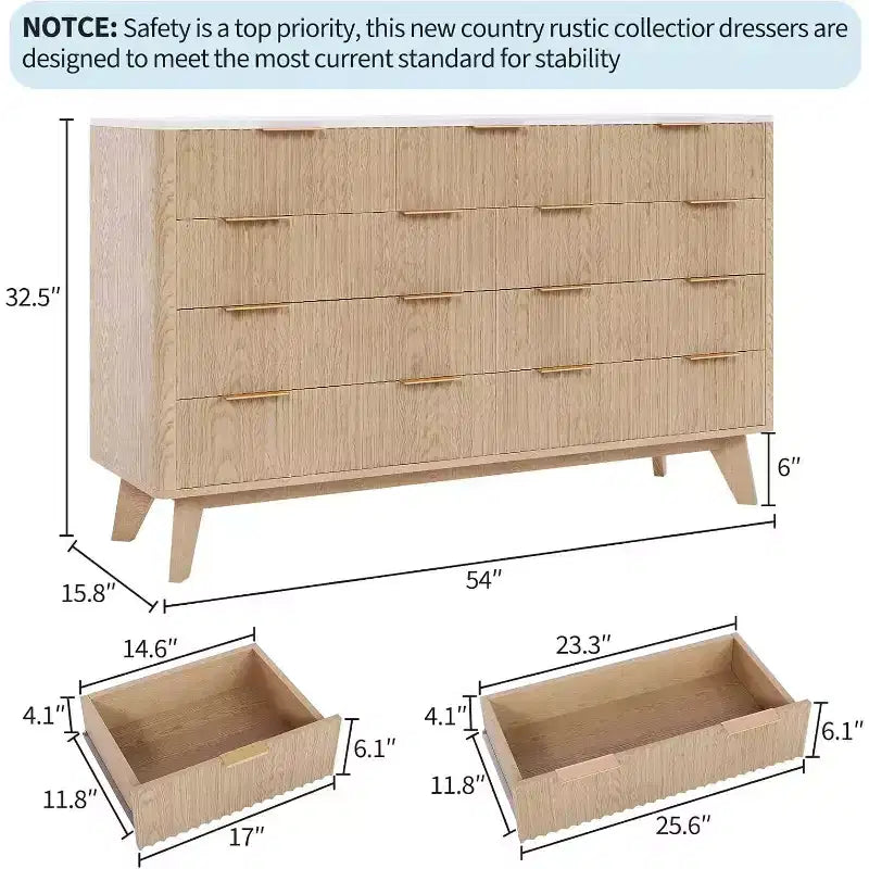 9 Drawers Dresser, 54 Wide Modern Chest of Drawers with Faux Marble Top, Large Dresser TV Stand, Wood Drawer Organizer for Living Room, Natural Oak