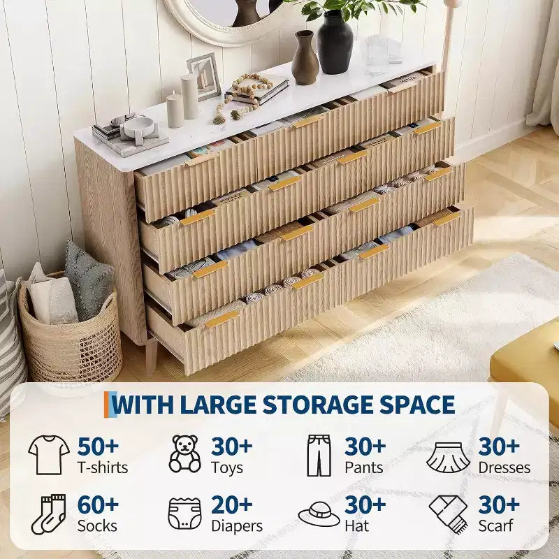 9 Drawers Dresser, 54 Wide Modern Chest of Drawers with Faux Marble Top, Large Dresser TV Stand, Wood Drawer Organizer for Living Room, Natural Oak