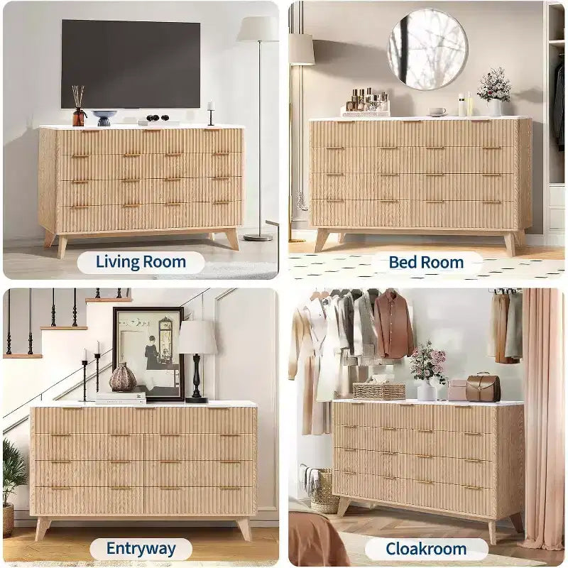 9 Drawers Dresser, 54 Wide Modern Chest of Drawers with Faux Marble Top, Large Dresser TV Stand, Wood Drawer Organizer for Living Room, Natural Oak