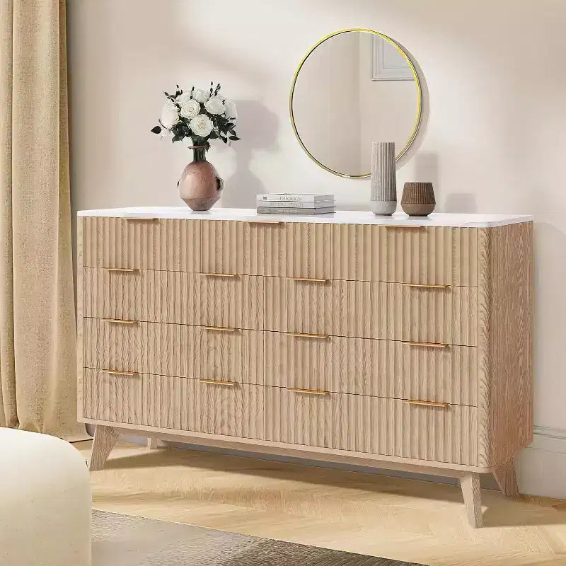 9 Drawers Dresser, 54 Wide Modern Chest of Drawers with Faux Marble Top, Large Dresser TV Stand, Wood Drawer Organizer for Living Room, Natural Oak