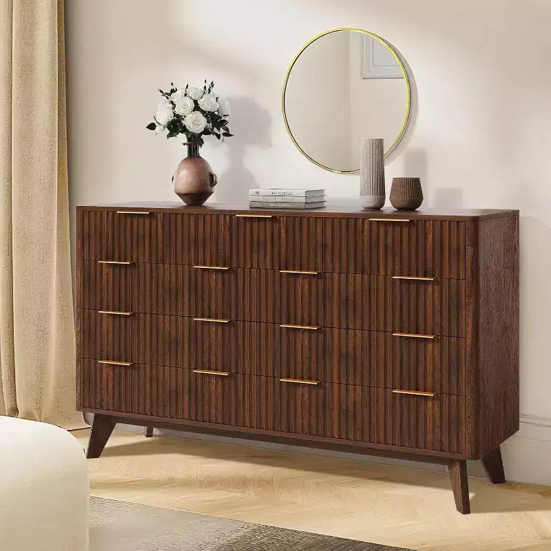 9 Drawers Dresser, 54 Wide Modern Chest of Drawers with Faux Marble Top, Large Dresser TV Stand, Wood Drawer Organizer for Living Room, Natural Oak